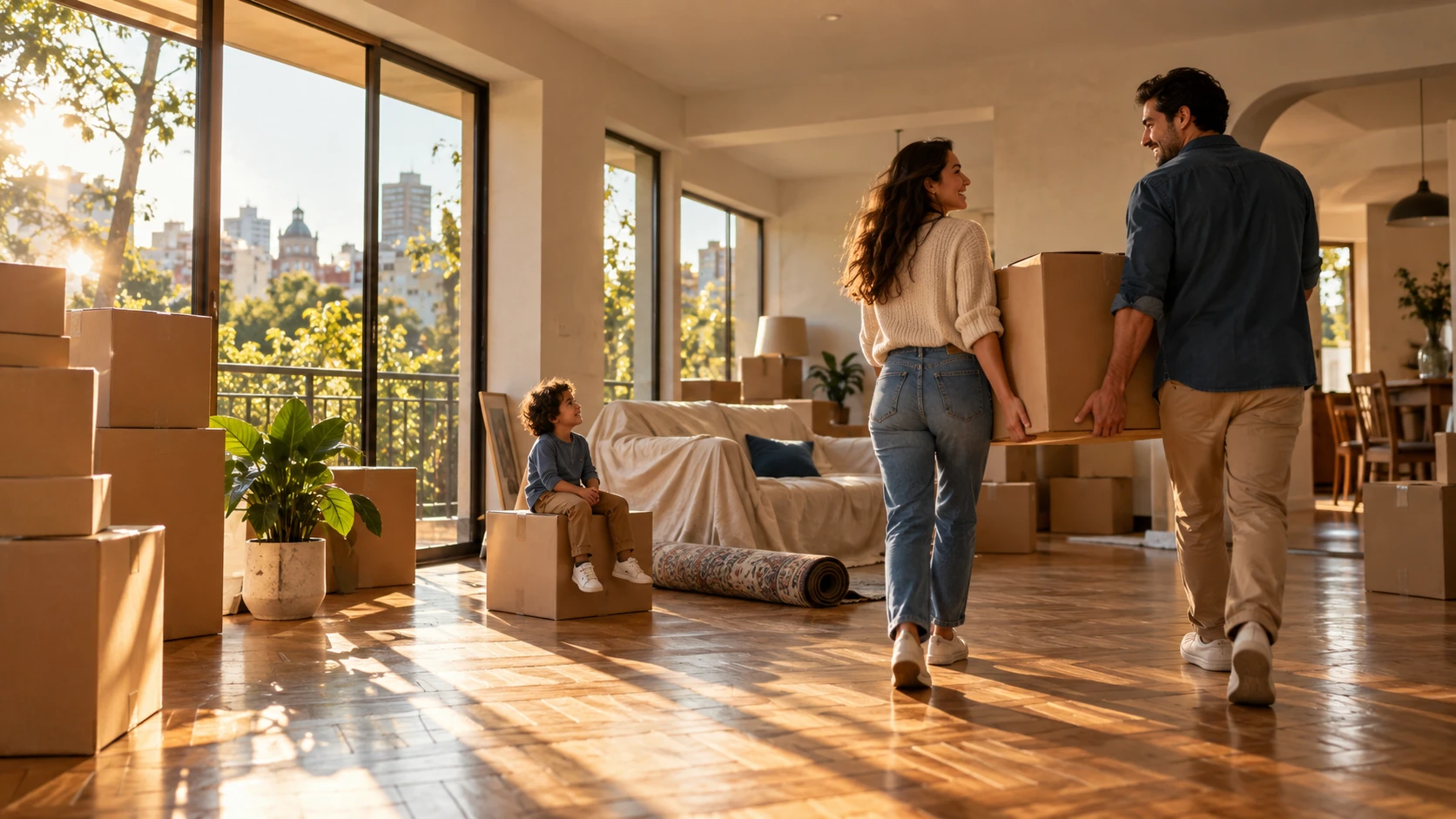 Escena de campaña: una familia entre cajas de mudanza en su nuevo hogar