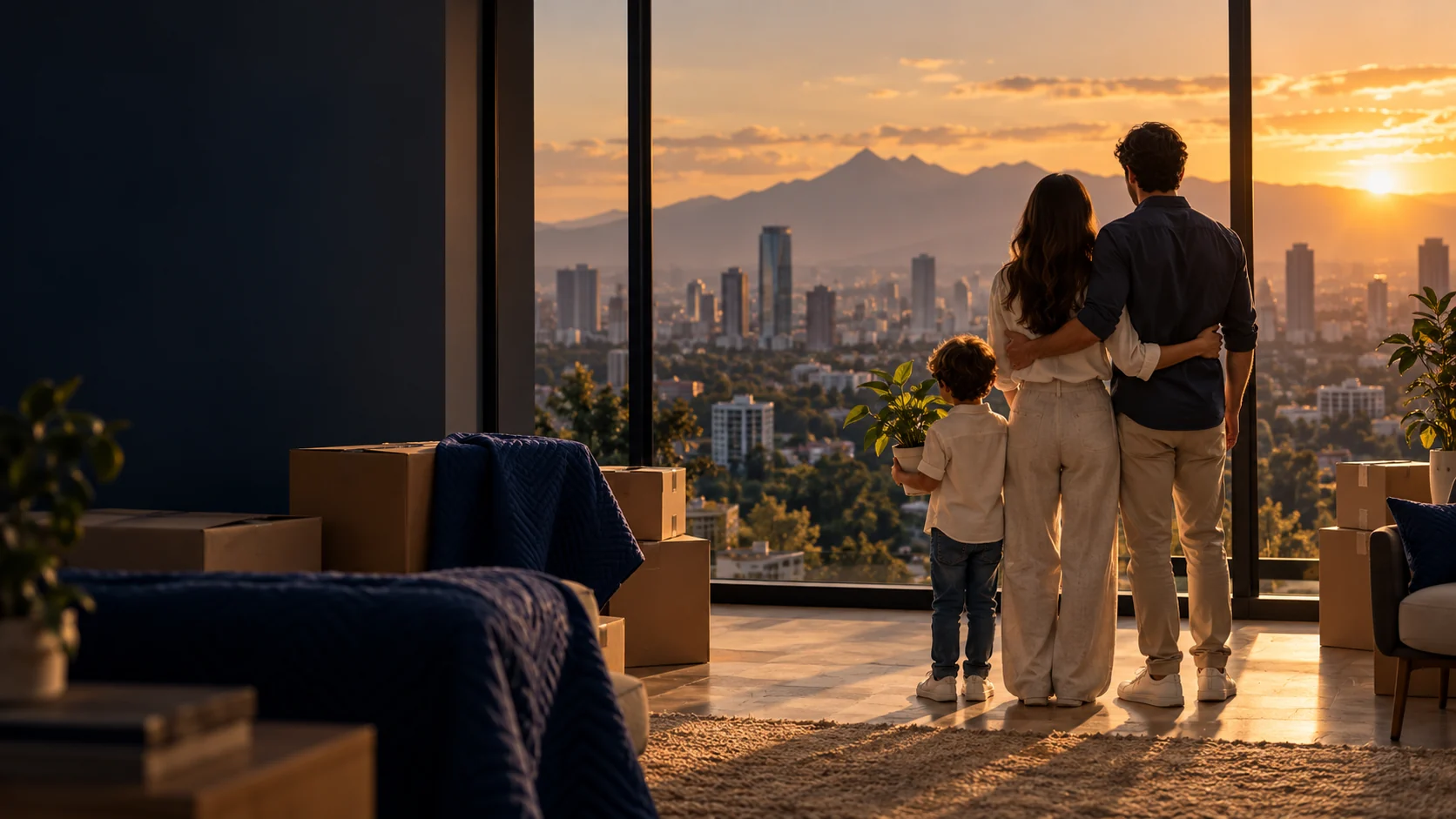 Familia contemplando su nuevo destino al atardecer
